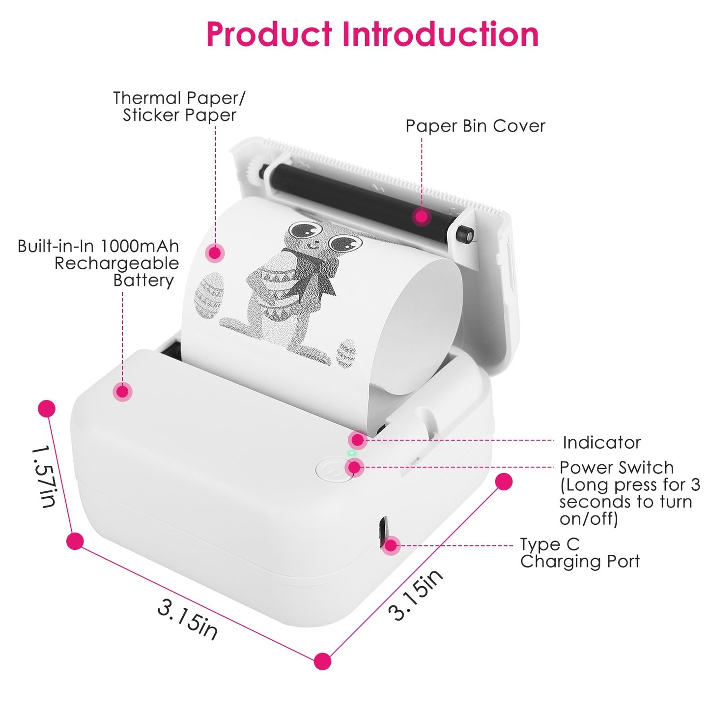 Mini Printer - Printer Paper 'Options' -- Pocket Wireless Thermal Printer Portable Mini Sticker Maker Machine Rechargeable Inkless Photo Printer For Printing Label Journal Study Notes Memo Photos